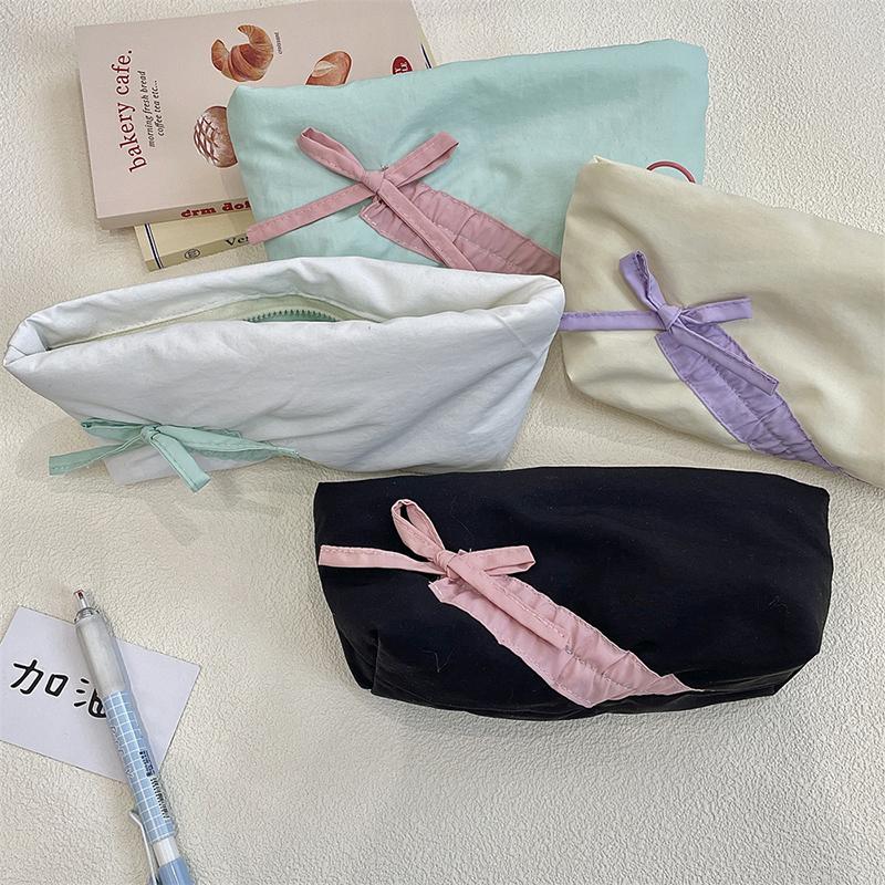Ins Style Simple Fabric Pencil Case Bowknot Makeup Bag Large Capacity Storage Bag Stationery Pouch School Supplies Girls Gift
