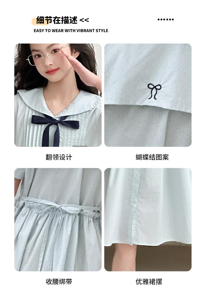 Girls' Korean Version College Style Summer Dress, New Summer Children's Stylish Navy Collar Bow Dress
