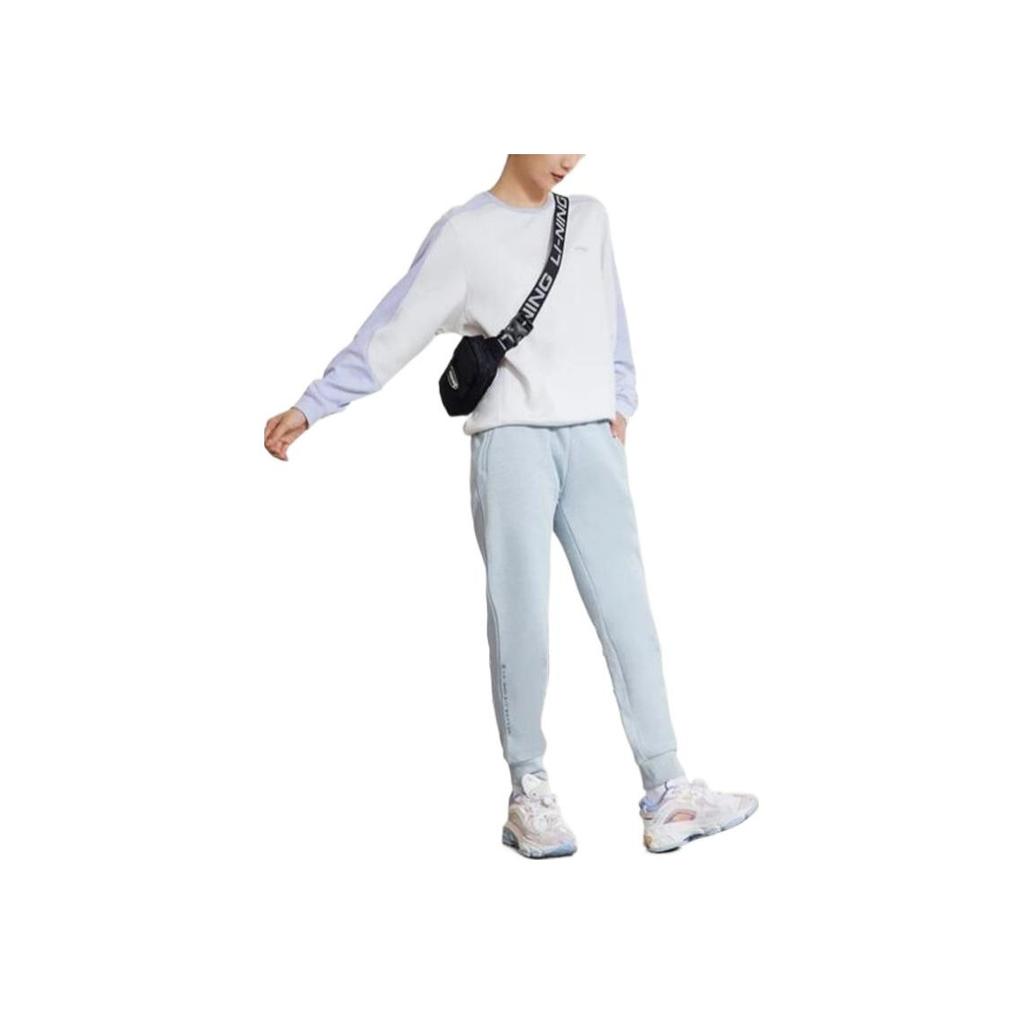 Li Ning Fitness Series Solid Color Printed Logo Loose Fit Drawstring Cuffed Fleece Sports Pants Women Bottoms Blue AKLR884-2