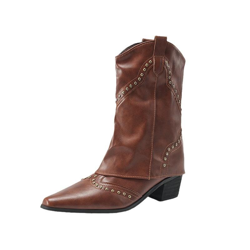 Western Cowboy Kurze Stiefel Dicker Absatz High Heel Niet Mode Spitz Kurze Kurze Stiefel Einfache Hosenstiefel Damenschuhe