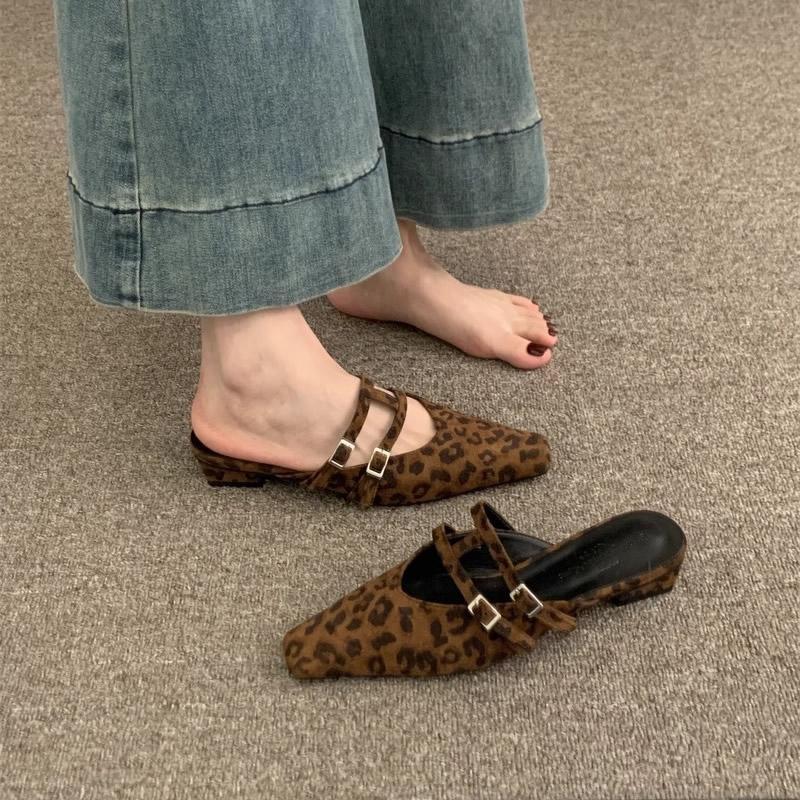 Leopard High Heels Slippers Women Square Toe Sandals Mules Shoes Summer 2025 Trend Designer Shoes Sexy Woman Pumps Dress Slides