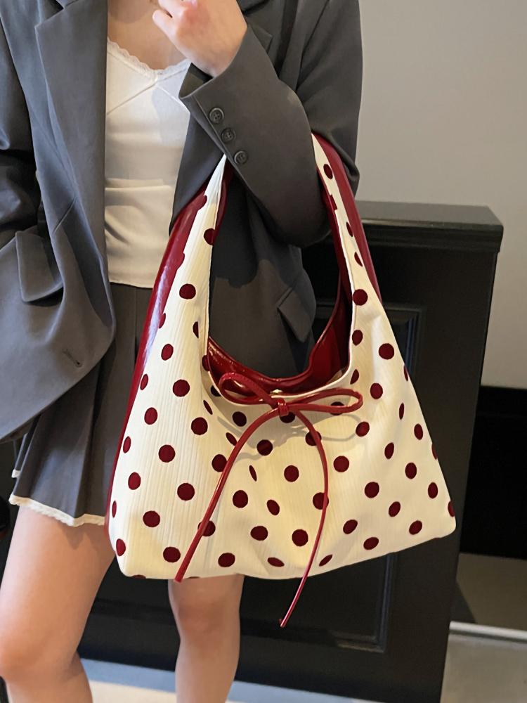 Women's Polka Dot Tote Bag Fashion Casual Large Capacity Shoulder Bags 2025 New Patchwork Underarm Pock Bow Commuter Handbags