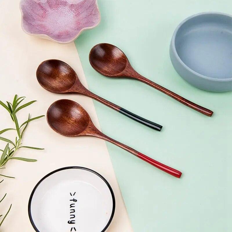 Japanese Style Spoon Solid Wood Tableware Log Wooden Spoon Portable Round Lipstick Handle Small Spoon