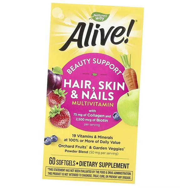 

Витамины для кожи, волос и ногтей, Alive! Hair Skin and Nails Multi-Vitamin, Nature s Way 60гелкапс (36344126) 60softgels