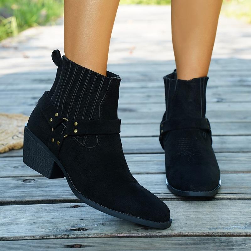 Foreign trade new elastic band thick heel short Martin boots women's cross-border retro style round head middle heel fashion rivet short boots