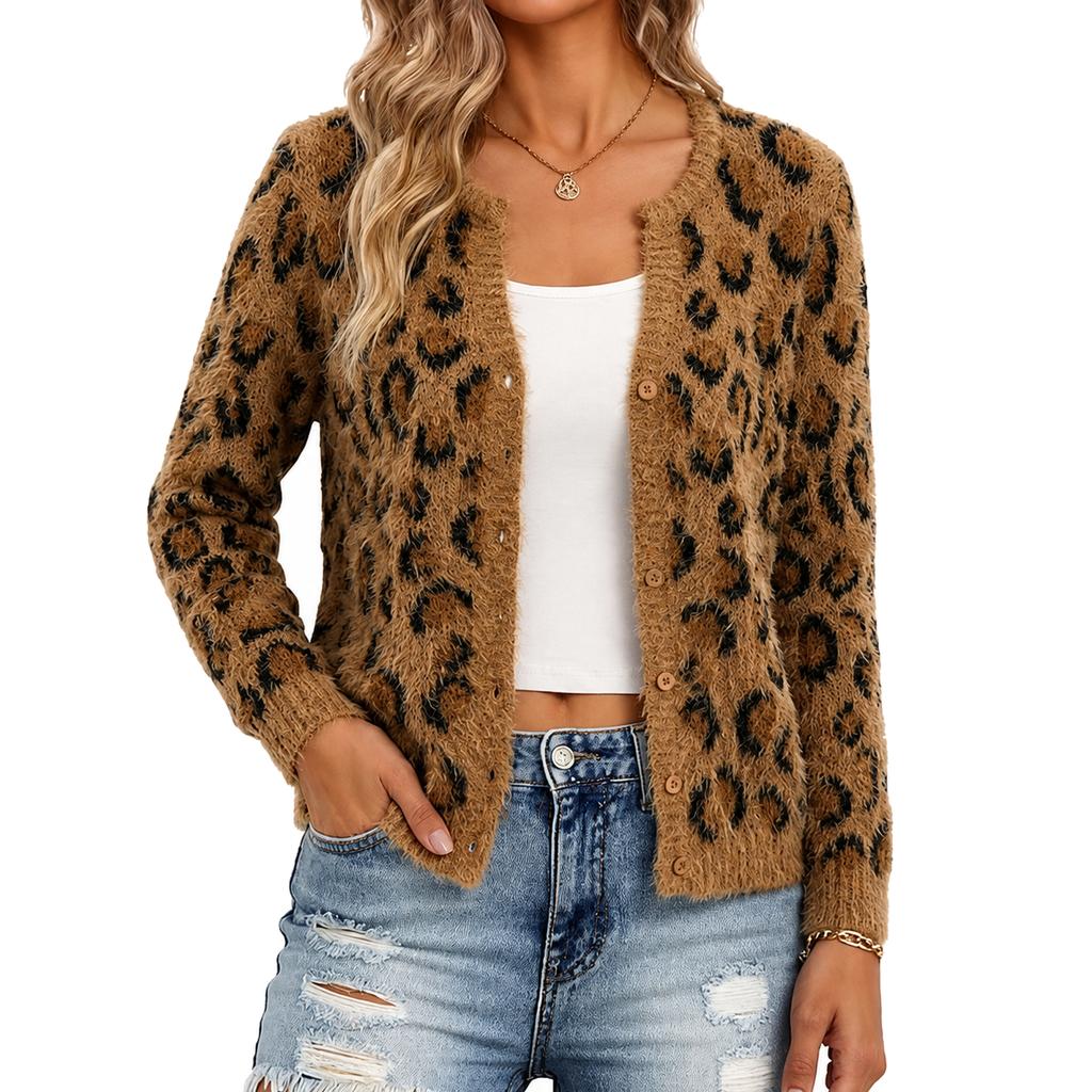 Cardigan maglione con stampa leopardata pigra Maillard 2026 e giacca corta invernale nuova rétro snellente