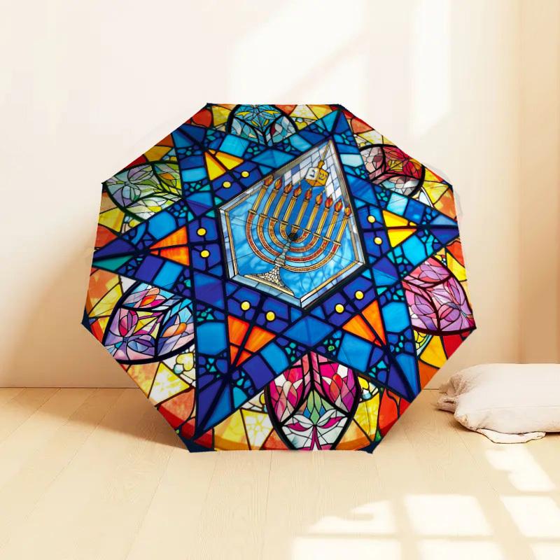 1pc Stained Glass Menorah Pattern Small Travel Automatic Folding Umbrella, Compact Windproof Umbrella, Automatic Open/Close ,Gift-091505