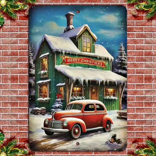 

Vintage Christmas Bliss Cozy Cabin Classic Car SceneAluminum 20x30cm（7.8x11.8inch）