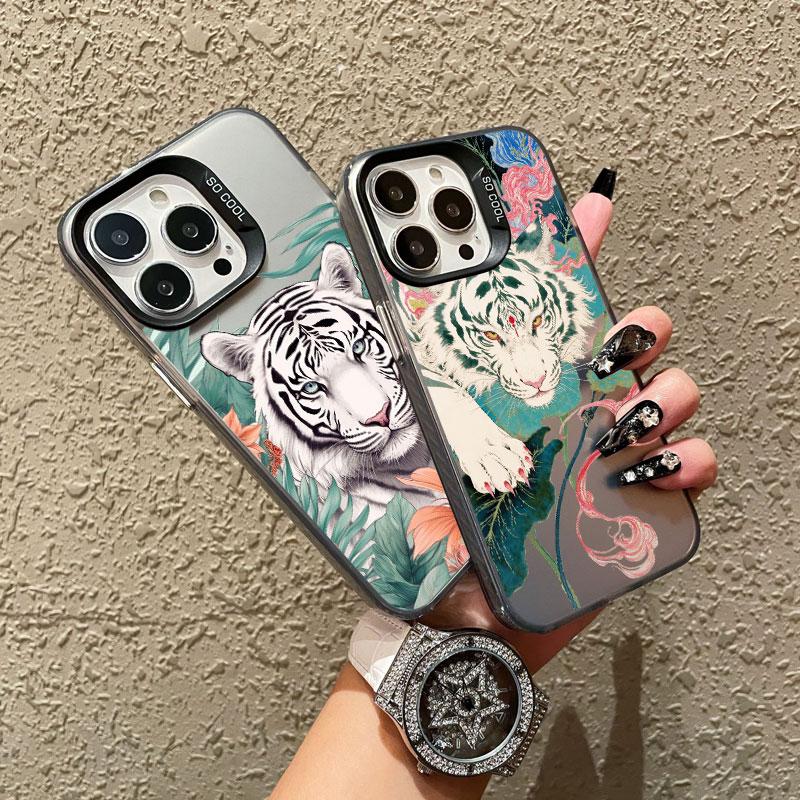 Ferocious Animal White Tiger Pattern Laser Phone Case For iPhone 11 12 13 Mini Pro Max 16 15 14 Plus Pro Max Back Coque Fundas