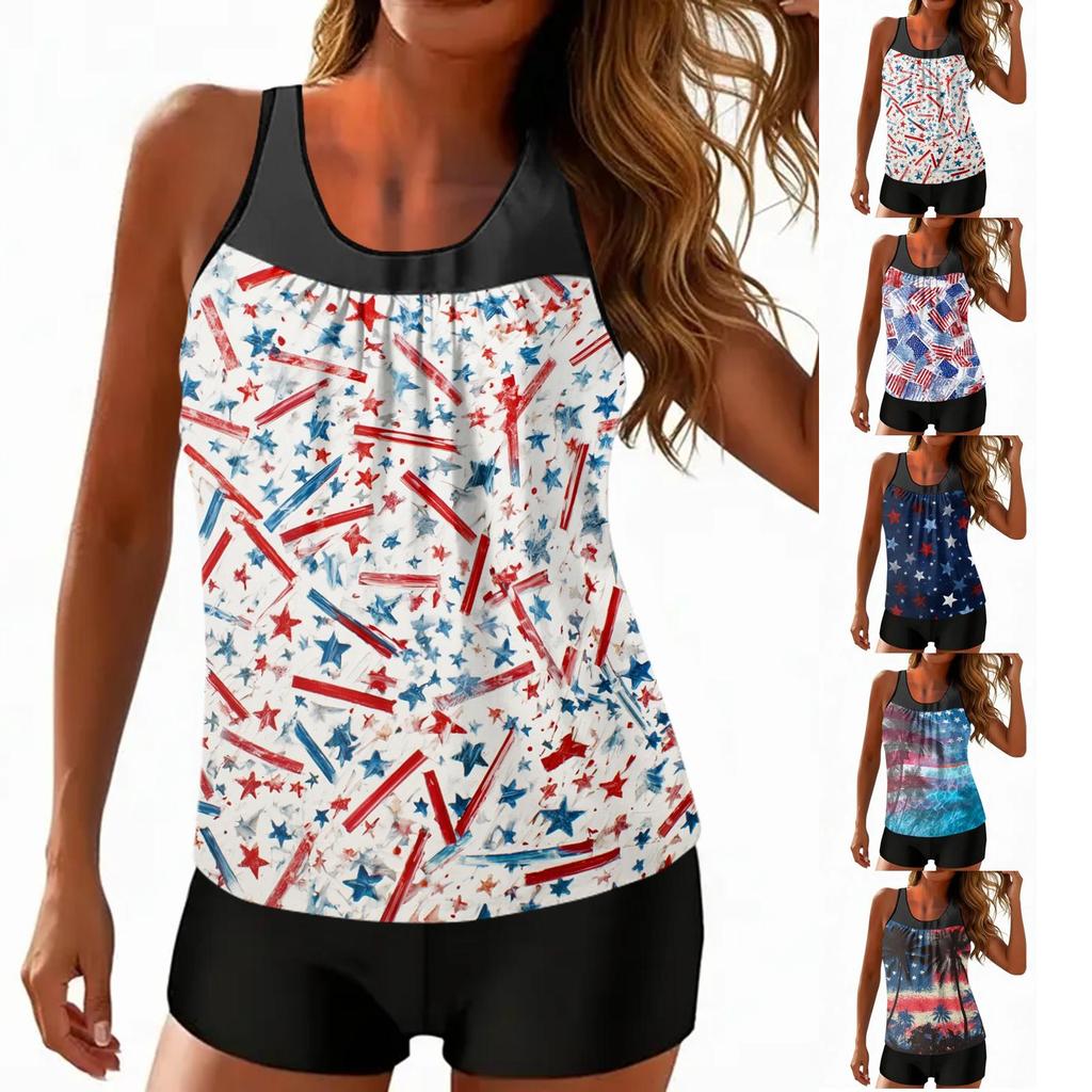 Women’s Tankini Swimsuit Set with Printed Top and Solid Shorts Scoop Neck Sleeveless Swimwear for Beach Pool Activities