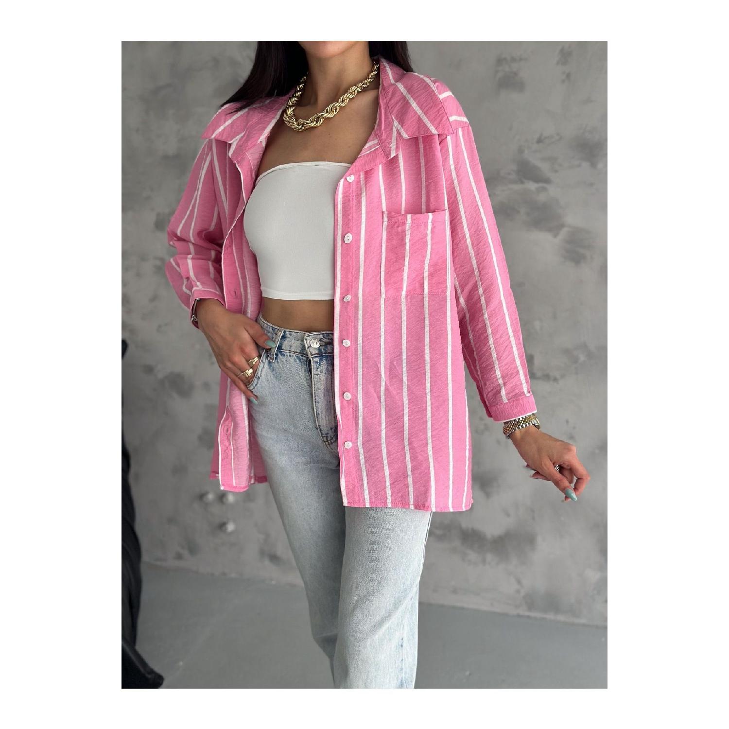

Женская рубашка большого размера в однотонную полоску из 100% хлопка, новый сезон S розовый