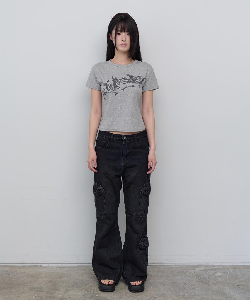 5OML Horse Slim Crop Short Sleeve Melange Grey