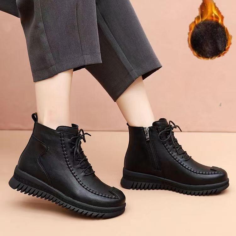 Women's fur one thick bottom winter leather waterproof lightweight warm snow boots non-slip wear casual sneakers cotton boots