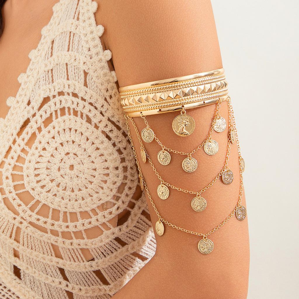 New Trendy Golden Metal Coin Leaf Chain Tassel Upper Arm Bangles Cuff Bracelet Armlet Armband Men Women Jewelry Accessories