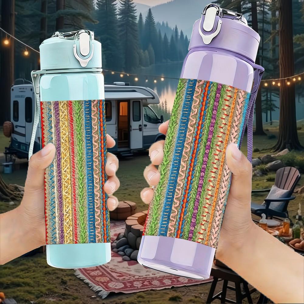 1PC Vertical Multicolor Stripe Textile Print 750ml Color Plastic Sports Water Bottle Leakproof Flip Straw Lid Suitable for Sports Office Home Use