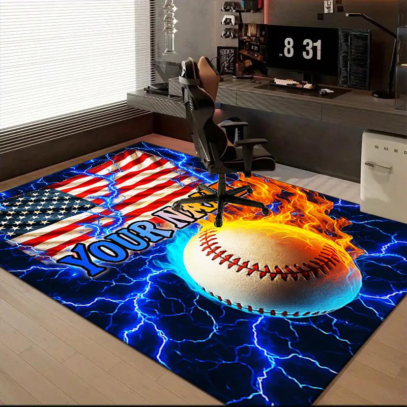 1PC Custom Name American Baseball Fire Theme Floor Mat Ideal for Living Room, Game Rooms, Office, Bedroom,Floor Mat Playful Design