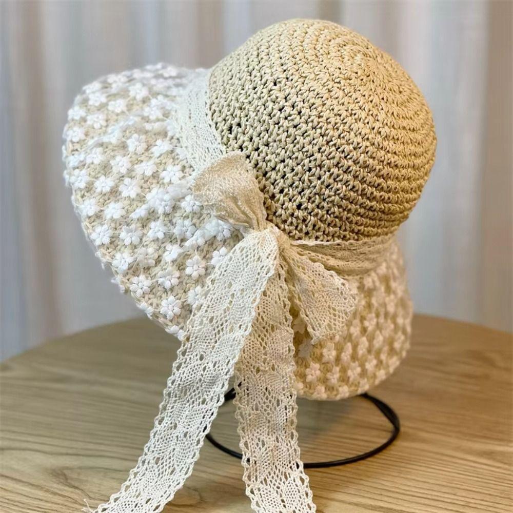 Large Brim Flower Sun Hat Anti UV Lace Bowknot Sunshade Cap Vacation Woman's Straw Hat  Girls