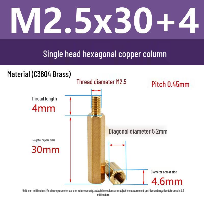 C3604 Brass Hexagonal Pillar with M2/M2.5 Internal & External Threads: Camera Stud Fixing Spacer Screw Rod