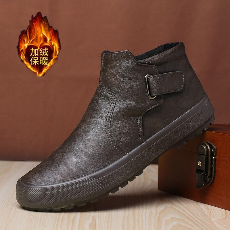 Men'S Shoes High-Top One-Pedal Leather Shoes Martin Boots Velvet Thermal Cotton Shoes Men'S Snow Boots Trendy Shoes