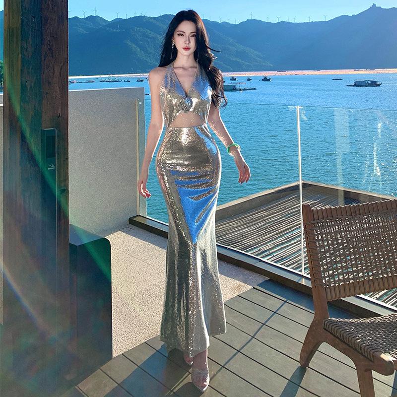Sequins sexy neck sleeveless dress women's waist and thin high-end evening dress long dress summer