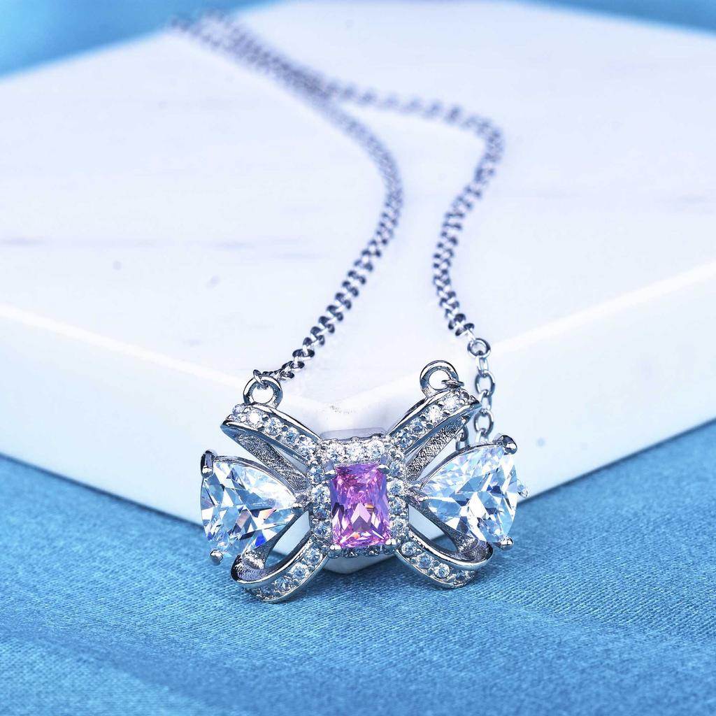 Light Luxury Cold Wind Summer Slightly Inlaid With Diamonds Bow Color Matching Earrings Temperament Collarbone Necklace Pink Diamond Ring