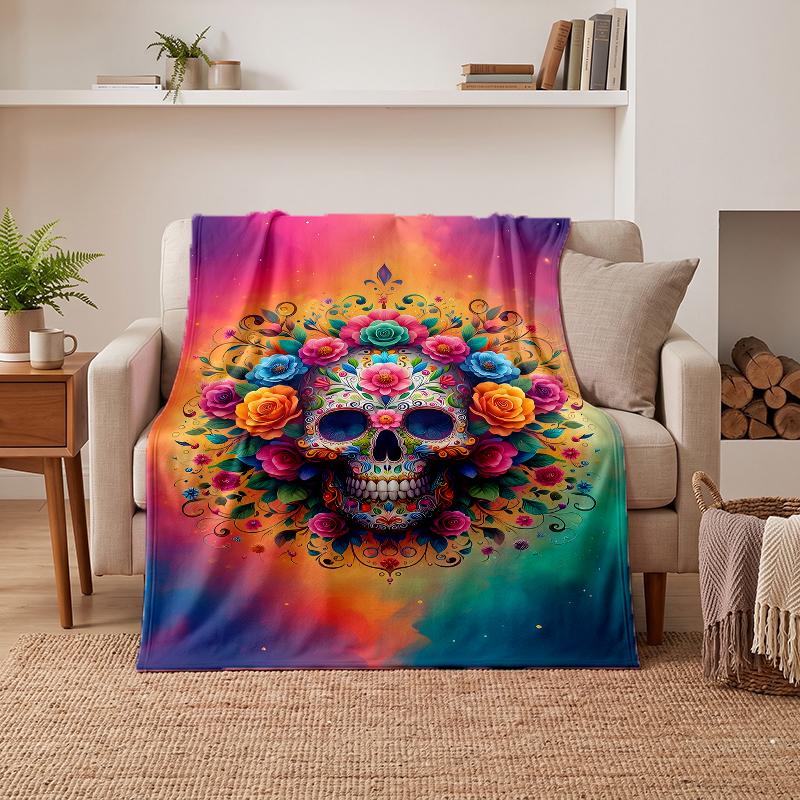 Flowers Skull Soft Warm Flannel Blankets Comfortable Blanket for Home Decoration Gifting