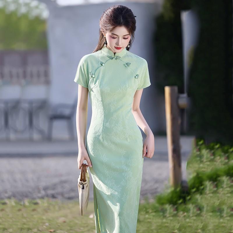 Womens Modern Chinese-Style Long Cheongsam Dress Pink Jade Knit Jacquard Short Sleeve Retro Fit