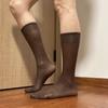 Mens Nylon Sheer Suit Socks Business Dress Socks Elastic Wide Striped See Through Formal Dress Over the Calf Stockings