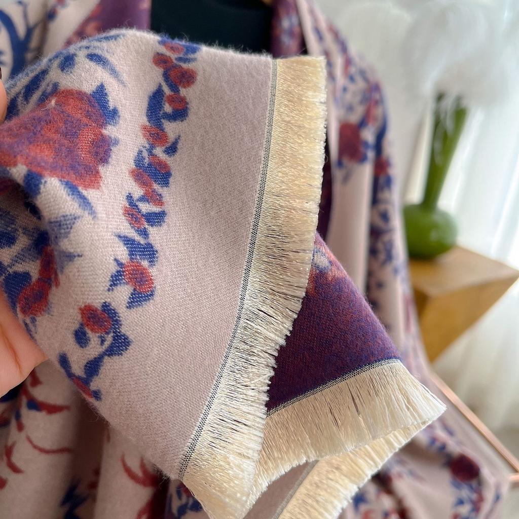 Classic Floral Print Polyester Scarf for Women - Thick Warm Shawl with Short Fringe - Weekend Casual Decorative Wrap - Windproof, Woven Craftsmanship