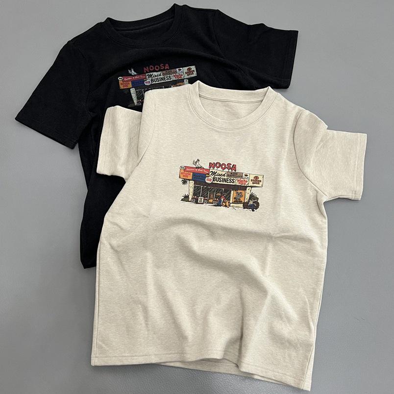 Korean Style Cartoon Print Cotton T-shirt: Women's Retro Round Neck Short Sleeve Casual Top, Spring New Arrival