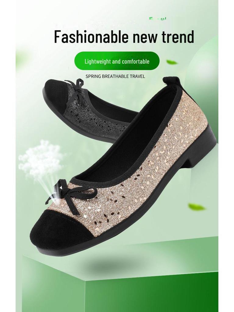 2025 New Women's French-Style Sequined Bow Flats: Square Toe, Shallow Mouth Evening Shoes