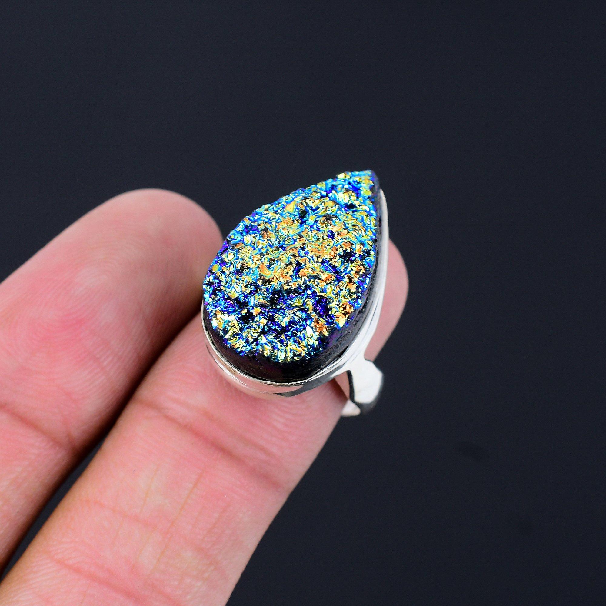 

Natural Titanium Druzy 925 Silver Statement Promise Boho New Ring Jewelry US 8.5 8.5