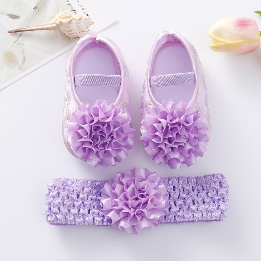 Newborn Baby Shoes Girls Flower Shoes Toddler Prewalker Cute Baby Soft Shoes For 0-12M Children With Hair Band