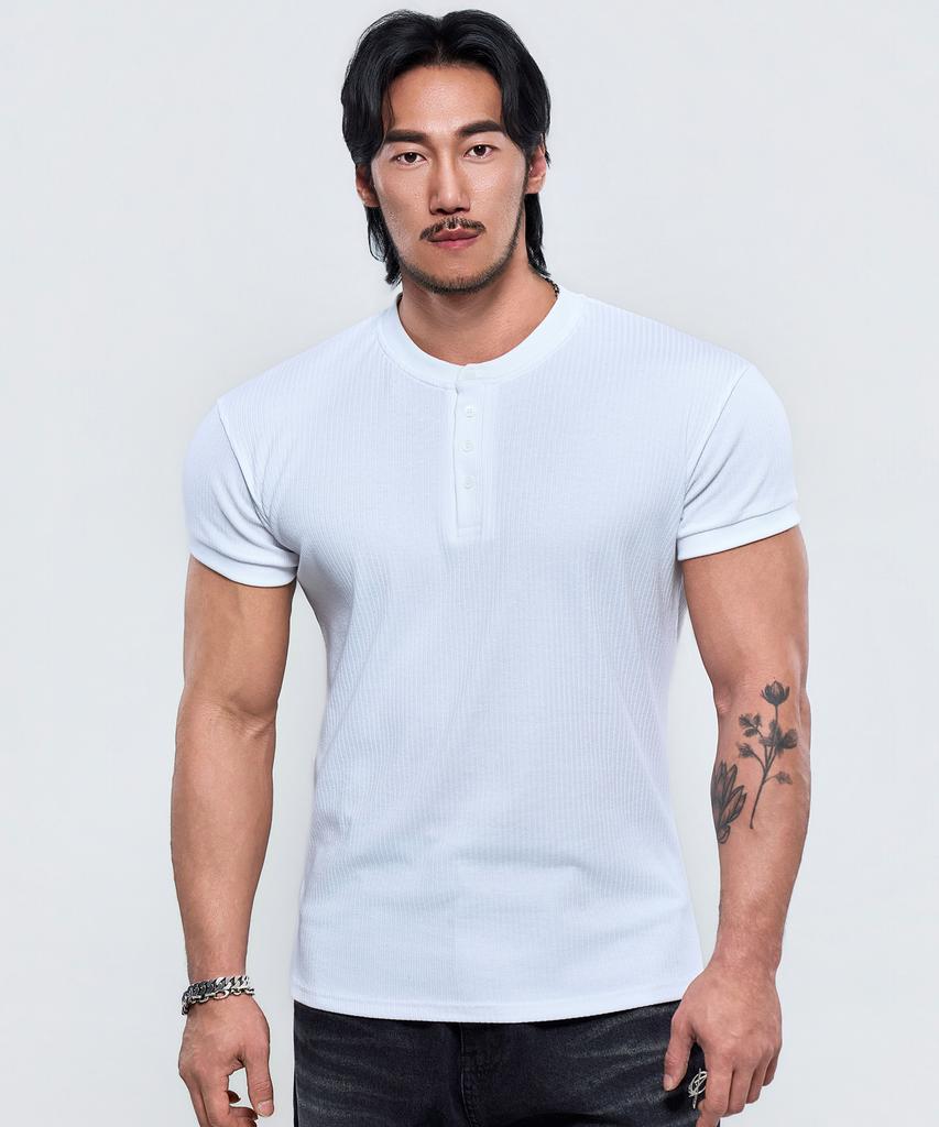 Pijikeolgameoncheu P2639 Henley Neck Muscle Fit Ribbed Short Sleeve [3 Colors]