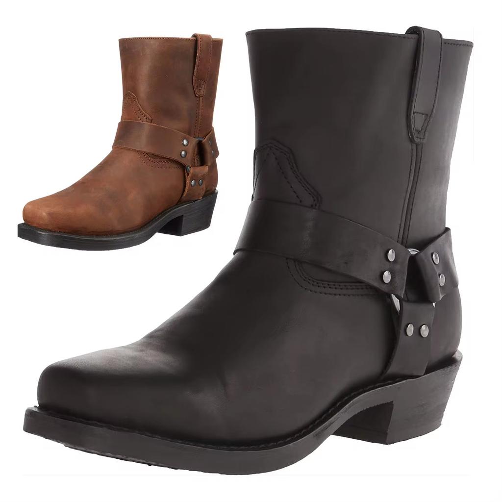 Fashion Men's Leather Boots Side Zipper Western Cowboy Boots Retro Men's Short Boots Lightweight Comfort Outdoors Boots Large Size 48