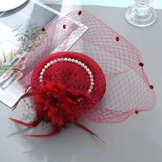 Women Fascinator Hat Feather Mesh Imitation Pearls Decor Pillbox Hat Small Top Hat Daily Party Hair Accessory