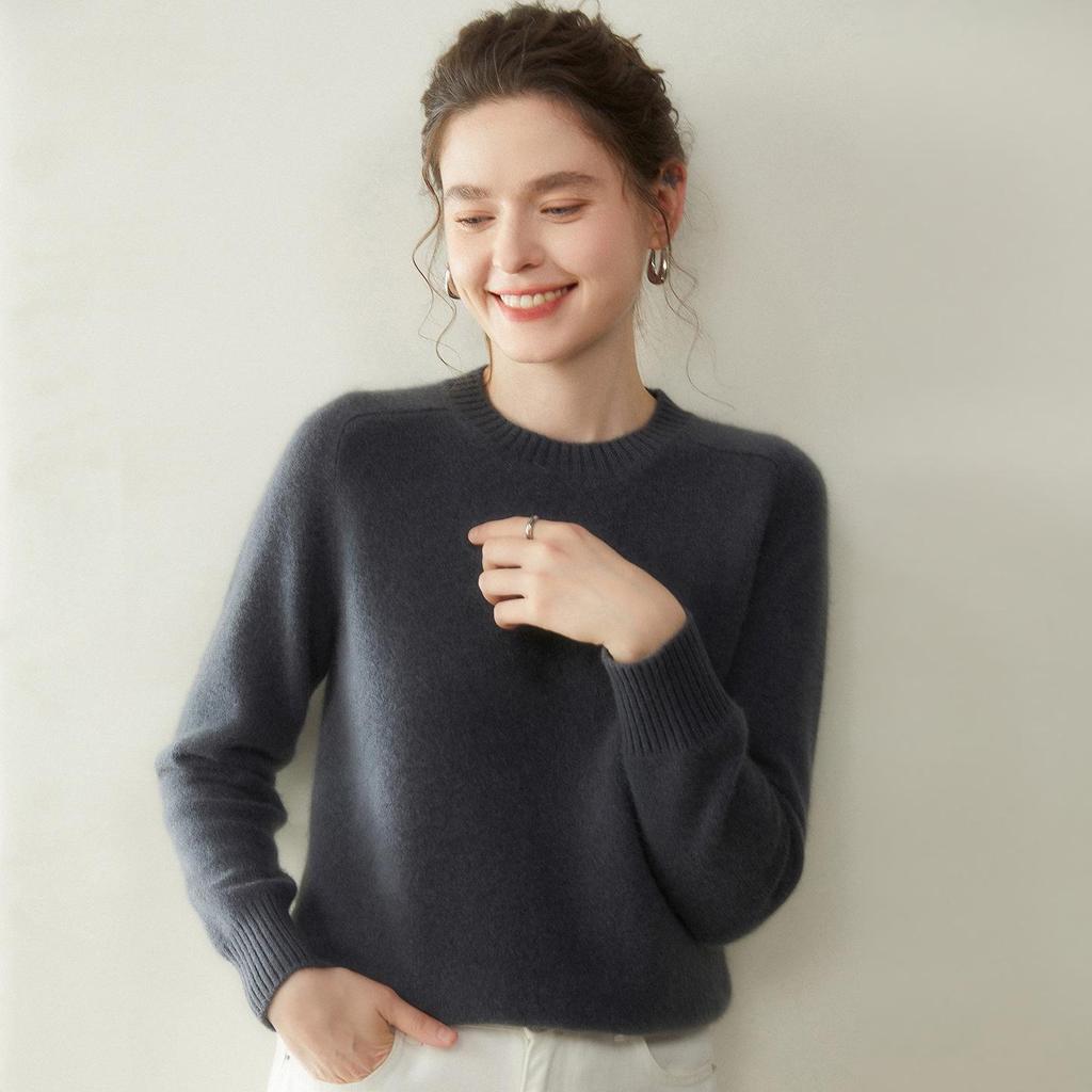 Damen Kaschmir Pullover mit Rundhalsausschnitt - Herbst/Winter Kollektion 2025, Sattelschulter, Verdickt, Uni-Farben, Lockere Passform, Figurschmeichelnde Strick-Basis.