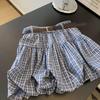 2025 Summer Petite Women's Blue Plaid A-Line Thigh-Covering Short Skirt