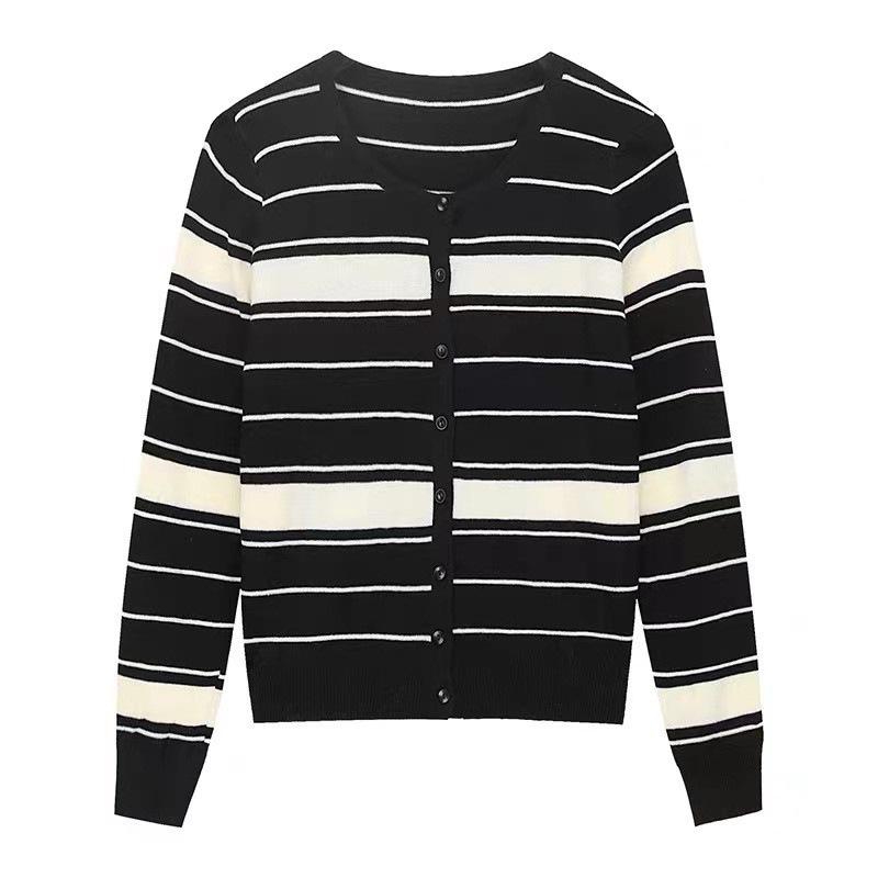 Women's Korean Striped Knit Cardigan - Loose, Thin, Long Sleeve, Round Neck, Spring/Autumn Fashion