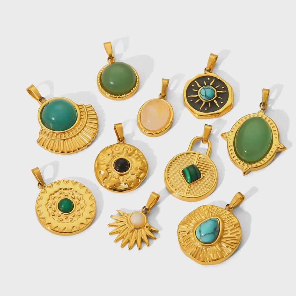 European & American Inspired Natural Stone Titanium Steel Pendant - Luxurious French Retro Stainless Steel DIY Jewelry Accessory