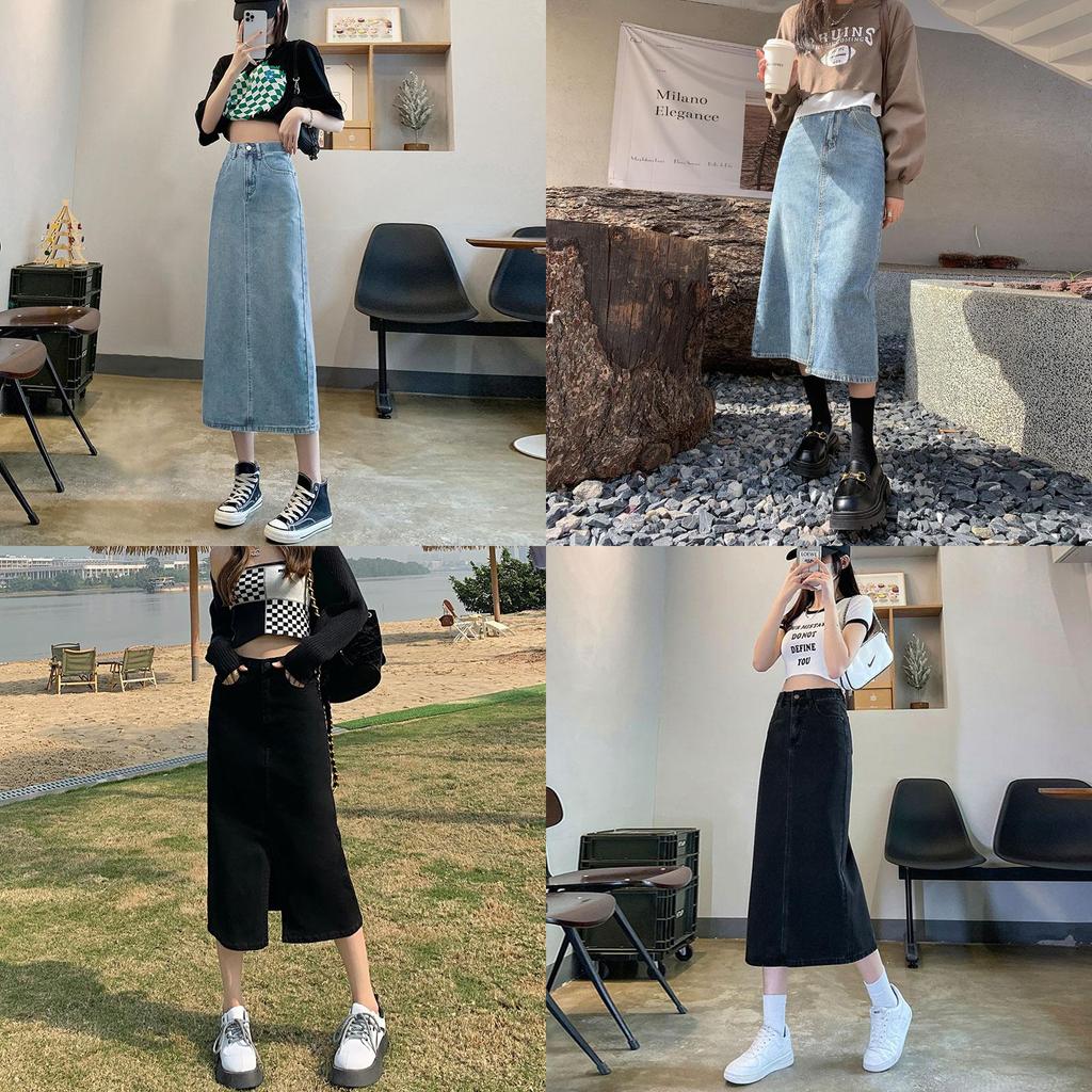 Denim Skirt Waterwash A Line Midi Skirt With Side Slit For Casual Women