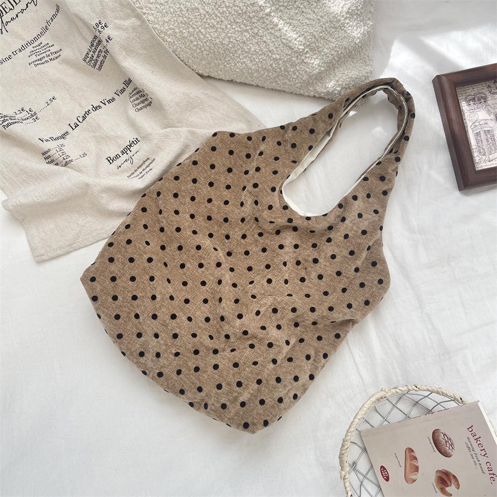 1 Polka Dot Canvas Bag Women's New Large-capacity Velvet Shoulder Bag Simple Casual Commuter Bag Women
