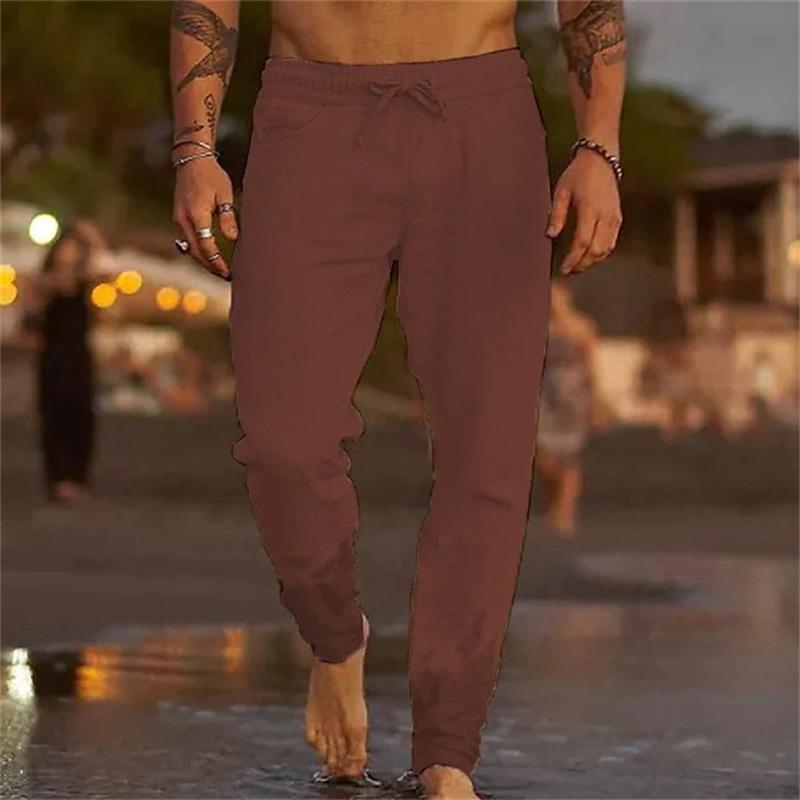 2026 Men s Solid Color Cotton Linen Drawstring Beach Pants S темно-коричневого