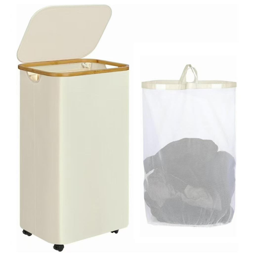 100L Slim Laundry Hamper with Lid Dirty Clothes Basket with Removable and Washable Inner Bag Foldable for Bathroom Bedroom Dorm