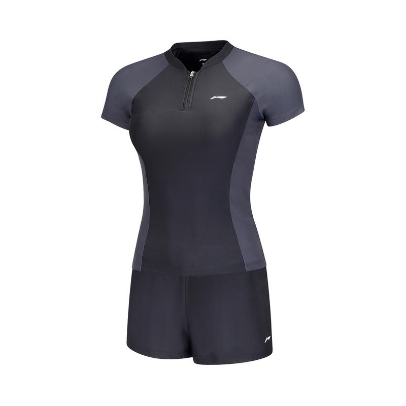 Li Ning Color Block Round Neck Pullover Short Sleeve Two Piece Swimsuit Women swimsuit Black Ink-Gray ASLT076-2