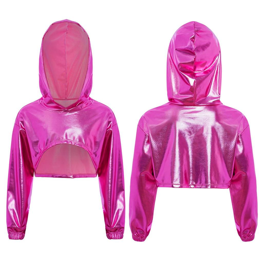 Παιδικό Φούτερ με Κουκούλα Χορευτικό Στυλ Δρόμου για Κορίτσια: Γυαλιστερό Μεταλλικό Κοντό Τοπ με Ασύμμετρο Τελείωμα & Μακριά Μανίκια για Αγώνα
