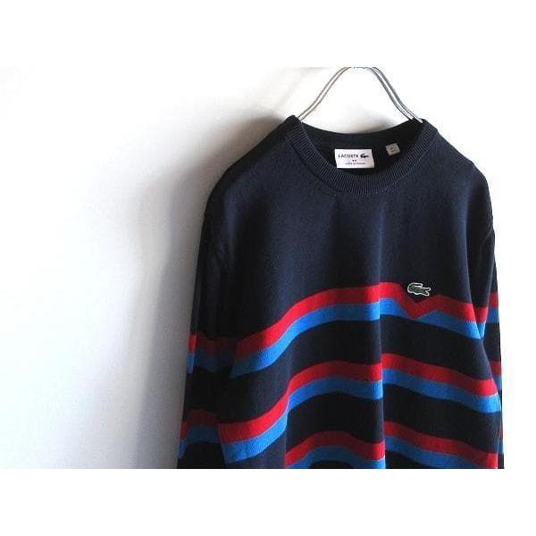 Used Good Condition Made In France LACOSTE AH6788 Crocodile Logo Patch Organic Cotton Border Sweater Knit FR:3 US:S Navy Navy Blue Red