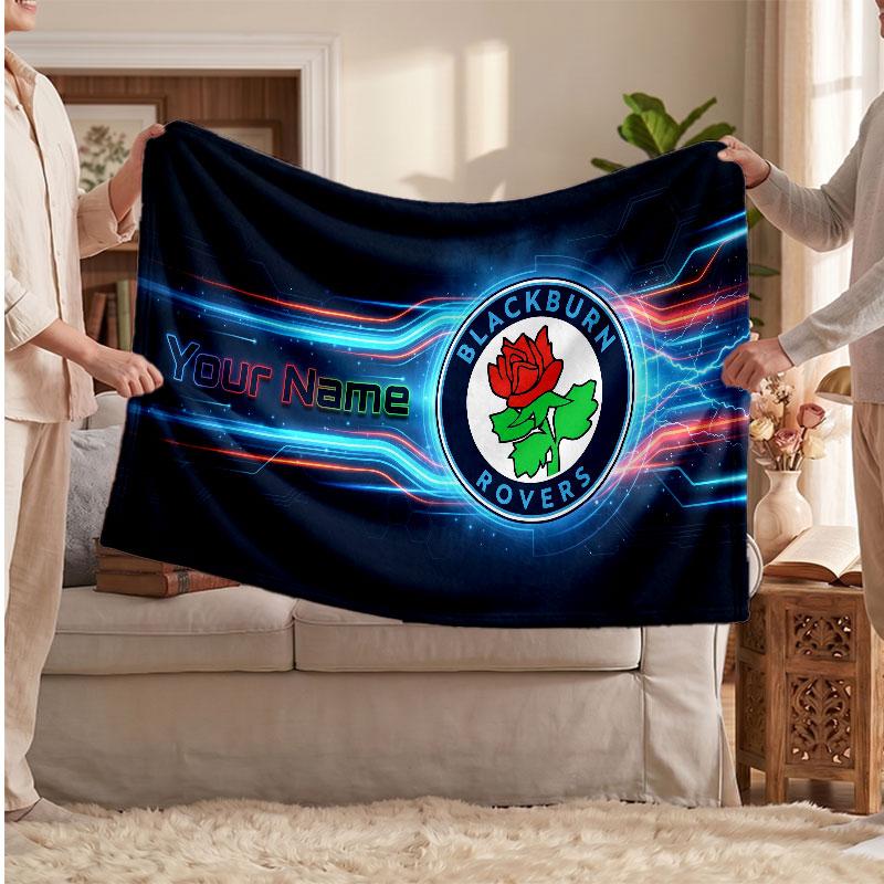 Blackburn Rovers FC Personalized Fleece Blanket With Football Logo, Custom Name Text Soft Warm Home Throw Blanket