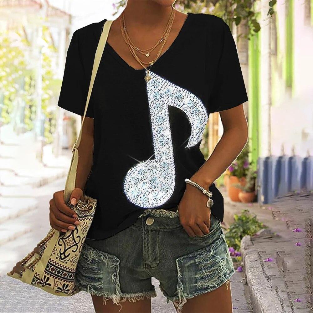 Music Notes 3d Printing Women's Casual Fashion Street Short-sleeved V-neck T-shirt