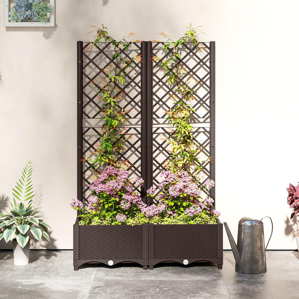 Raised Garden Bed with Trellis, Plastic Planter Box with Drainage Holes, Drain Plugs and Water Reservoirs for Climbing Plants, Vegetables, Flowers